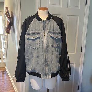 NWT Avec Les Filles Denim Jean Bomber Jacket Black Raglan Sleeves Sz Large